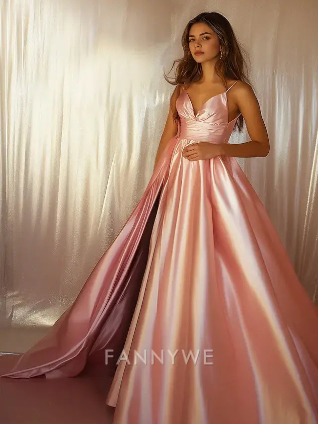 FannyWe Simple Pink A-Line Prom Elegant Dress Formal Wedding Floor Length Sleeveless Spaghetti Strap Satin with Slit